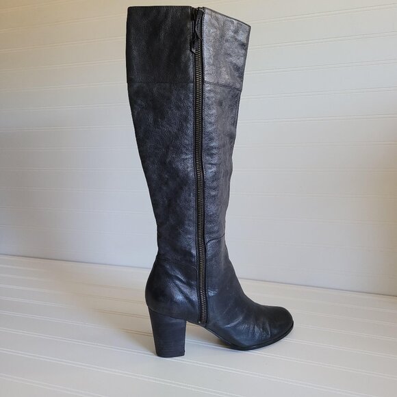 Cole Haan Leather Boots Size 7.5 Black Textured Leather Knee High Zip Heeled - Picture 1 of 15